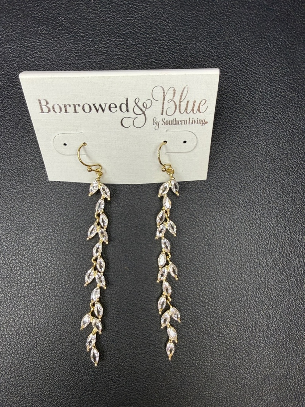 Borrowed & Blue Gold Crystal Leaf Long Drop Earrings